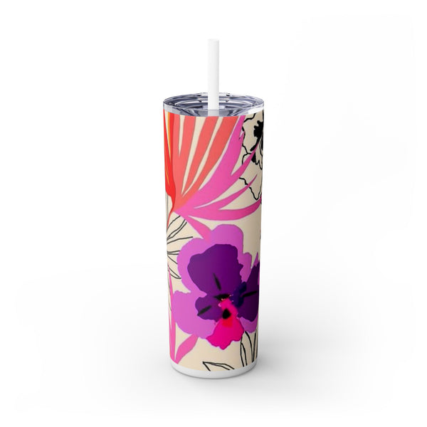 Flower Pattern Skinny Tumbler with Straw, 20oz