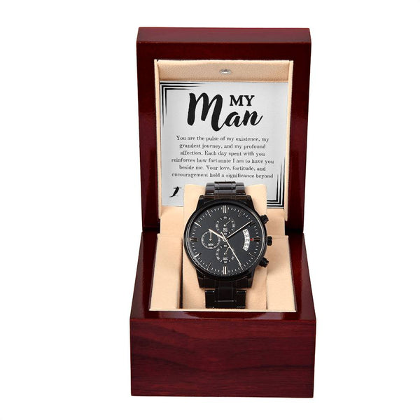 My Man Black Chronograph Watch + MC (NO ENGRAVING)