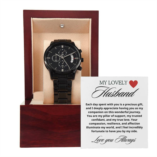 My Lovely Husband Black Chronograph Watch + MC (NO ENGRAVING)