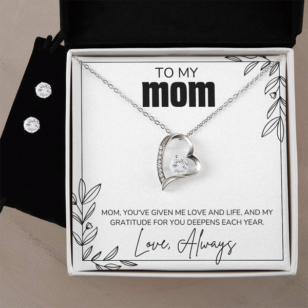 MOM Forever Love Necklace + Clear CZ Earrings