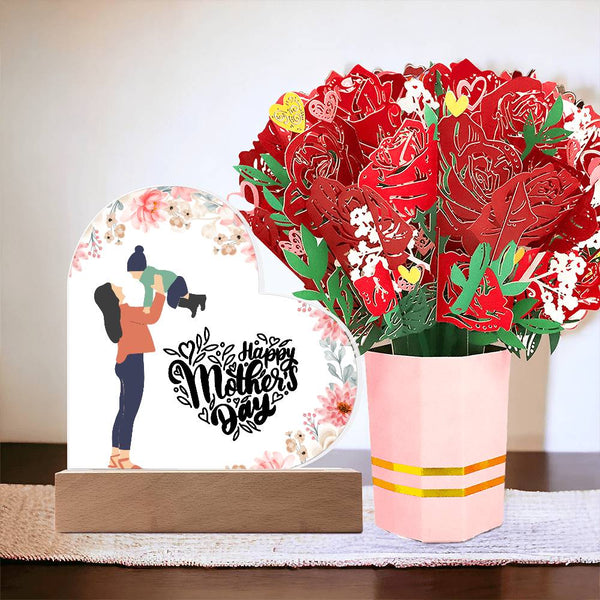 Happy Mother's Day Printed Acrylic Heart w/ Flower Bouquet Bundle