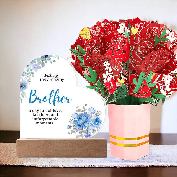 Brother Printed Acrylic Heart w/ Flower Bouquet Bundle