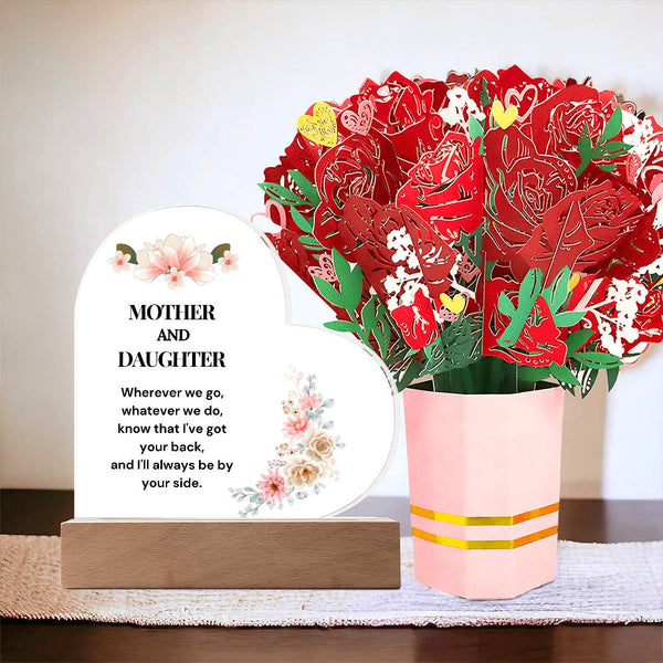 Mother & Daughter Printed Acrylic Heart w/ Flower Bouquet Bundle